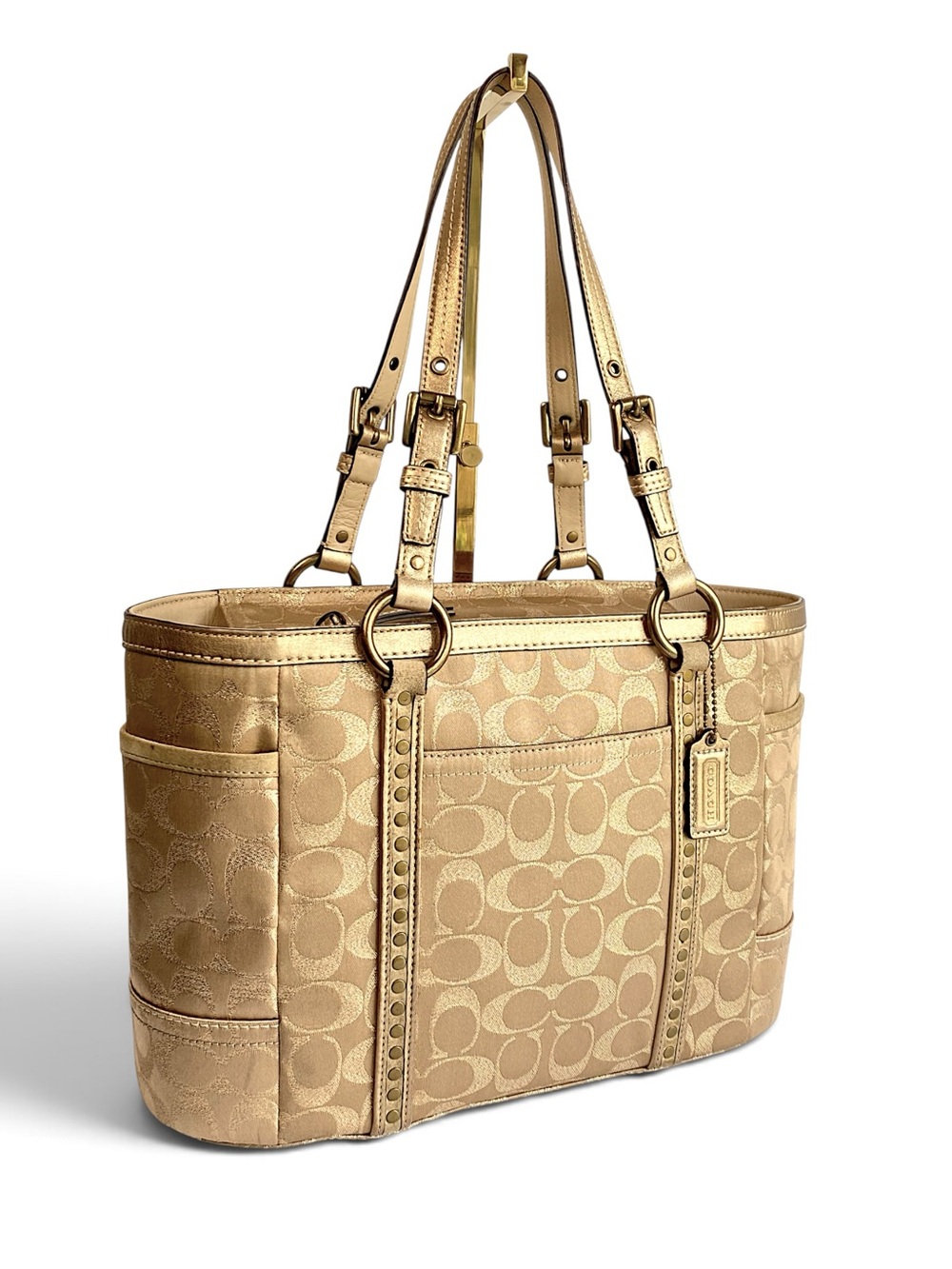 Coach Studded Signature Jacquard Gold Metallic Signature Tote with Suede Trim - Picture 1 of 17